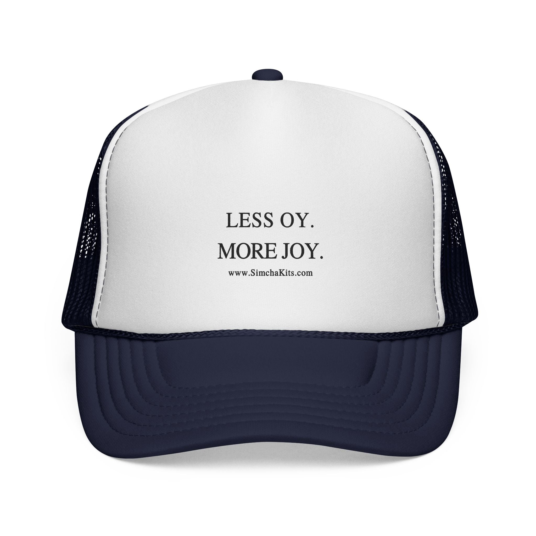 Less Oy More Joy trucker cap | minimalist text hat, Jewish humor