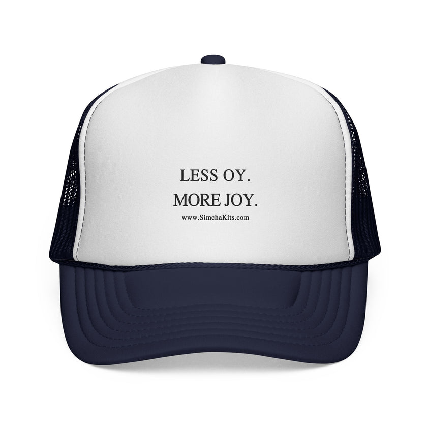 Less Oy More Joy trucker cap | minimalist text hat, Jewish humor