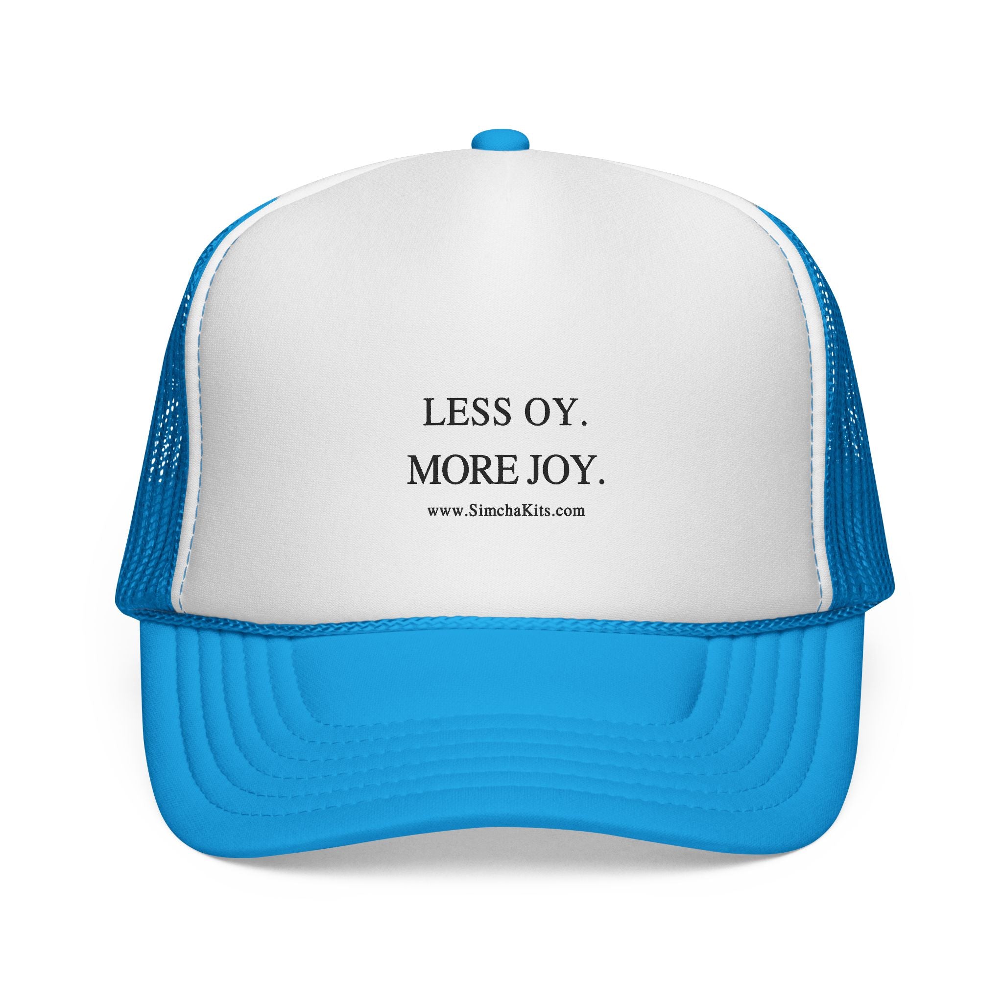 Less Oy More Joy trucker cap | minimalist text hat, Jewish humor