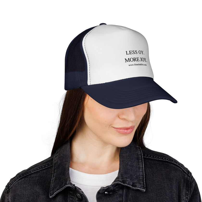 Less Oy More Joy trucker cap | minimalist text hat, Jewish humor