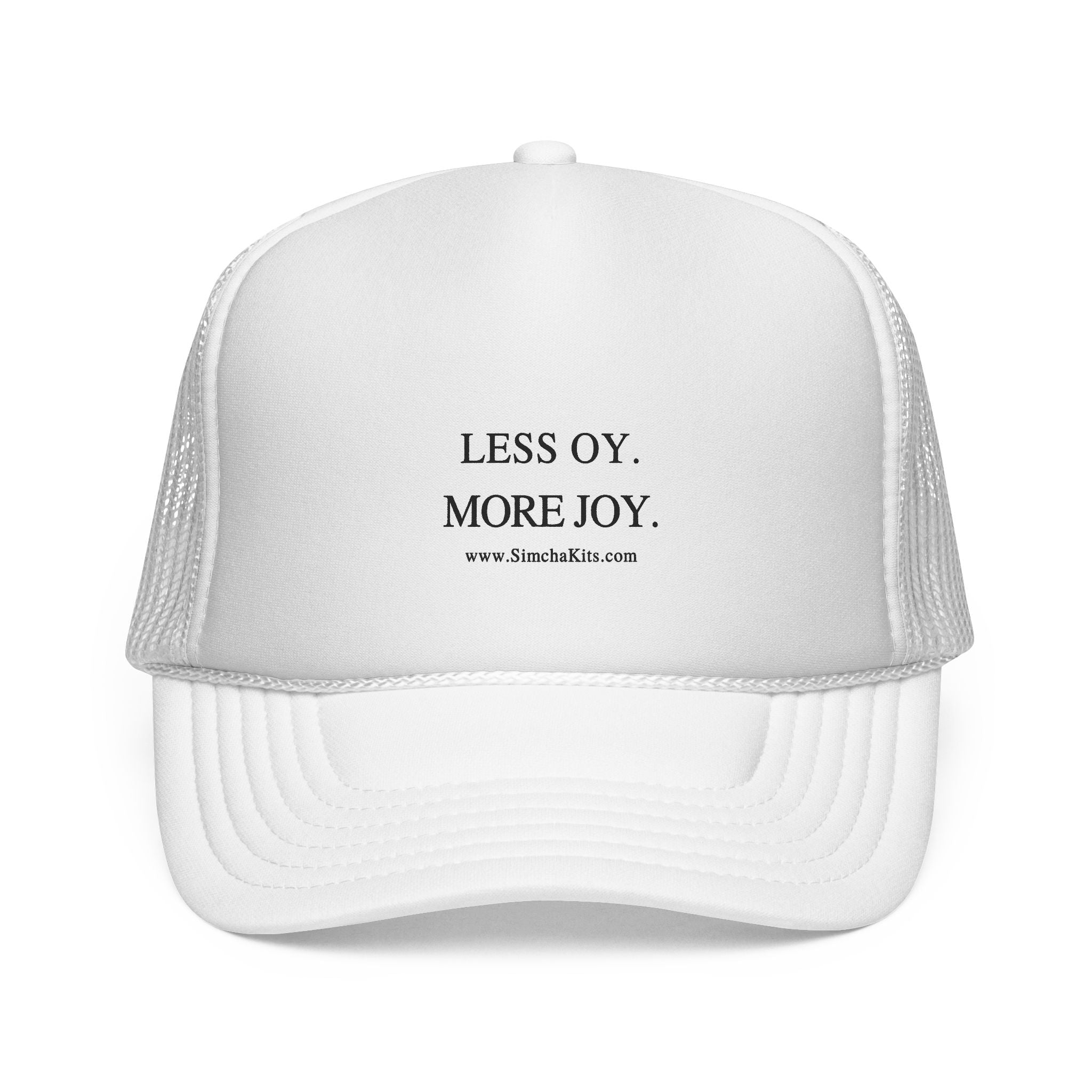 Less Oy More Joy trucker cap | minimalist text hat, Jewish humor