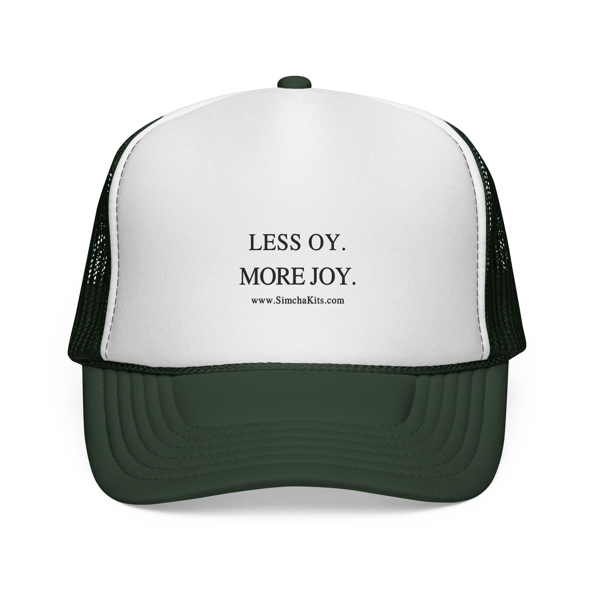 Less Oy More Joy trucker cap | minimalist text hat, Jewish humor