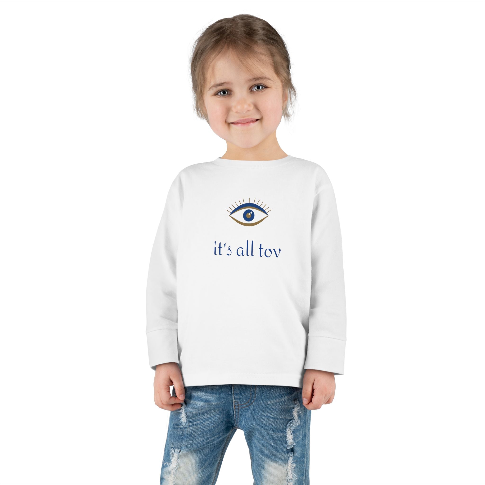 Positive Energy Toddler Long Sleeve Tee with Evil Eye Design, Good Vibes Shirt for Kids, Jewish Christian Clothing, Religious Toddler Top