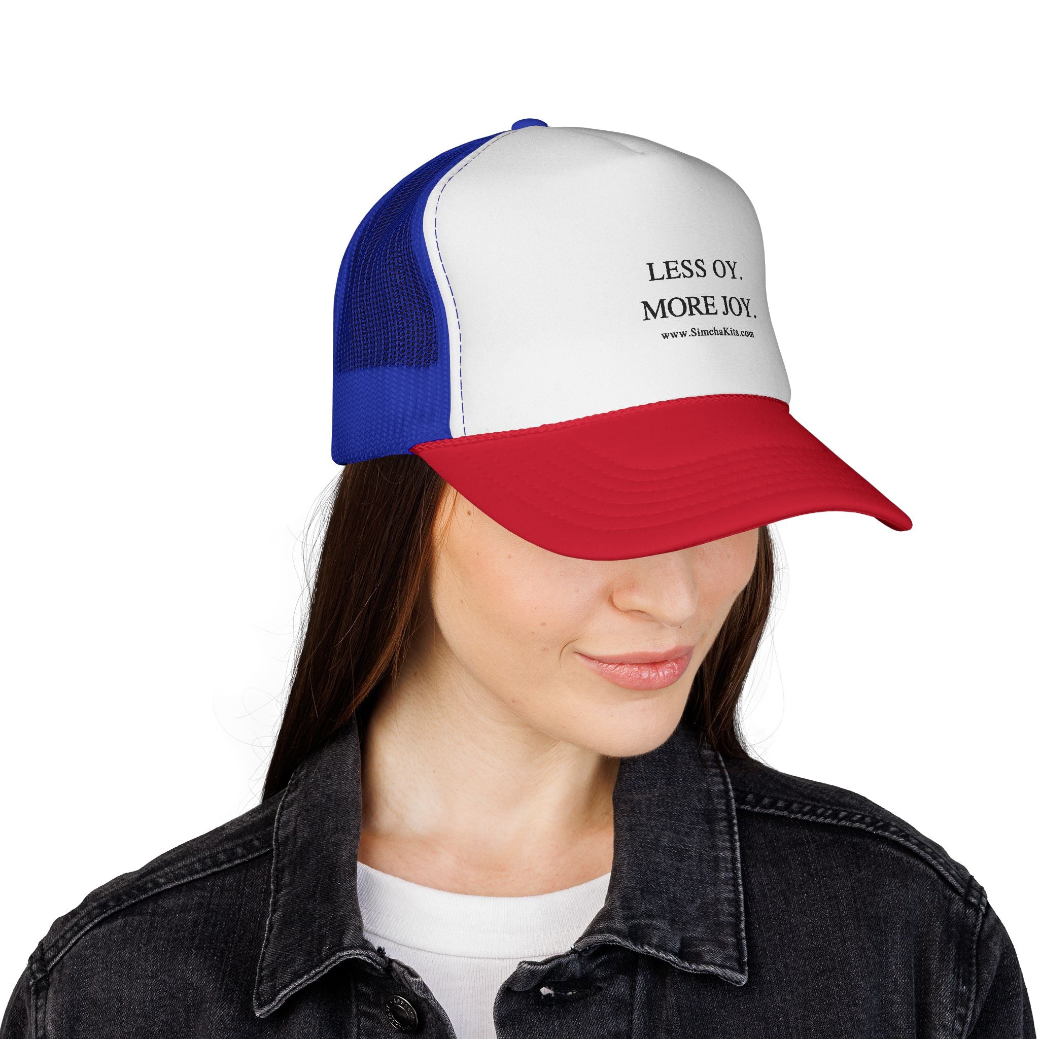 Less Oy More Joy trucker cap | minimalist text hat, Jewish humor