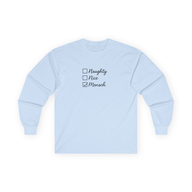 Naughty Nice Mensch checklist Long Sleeve Tee | Holiday Hanukkah Jewish