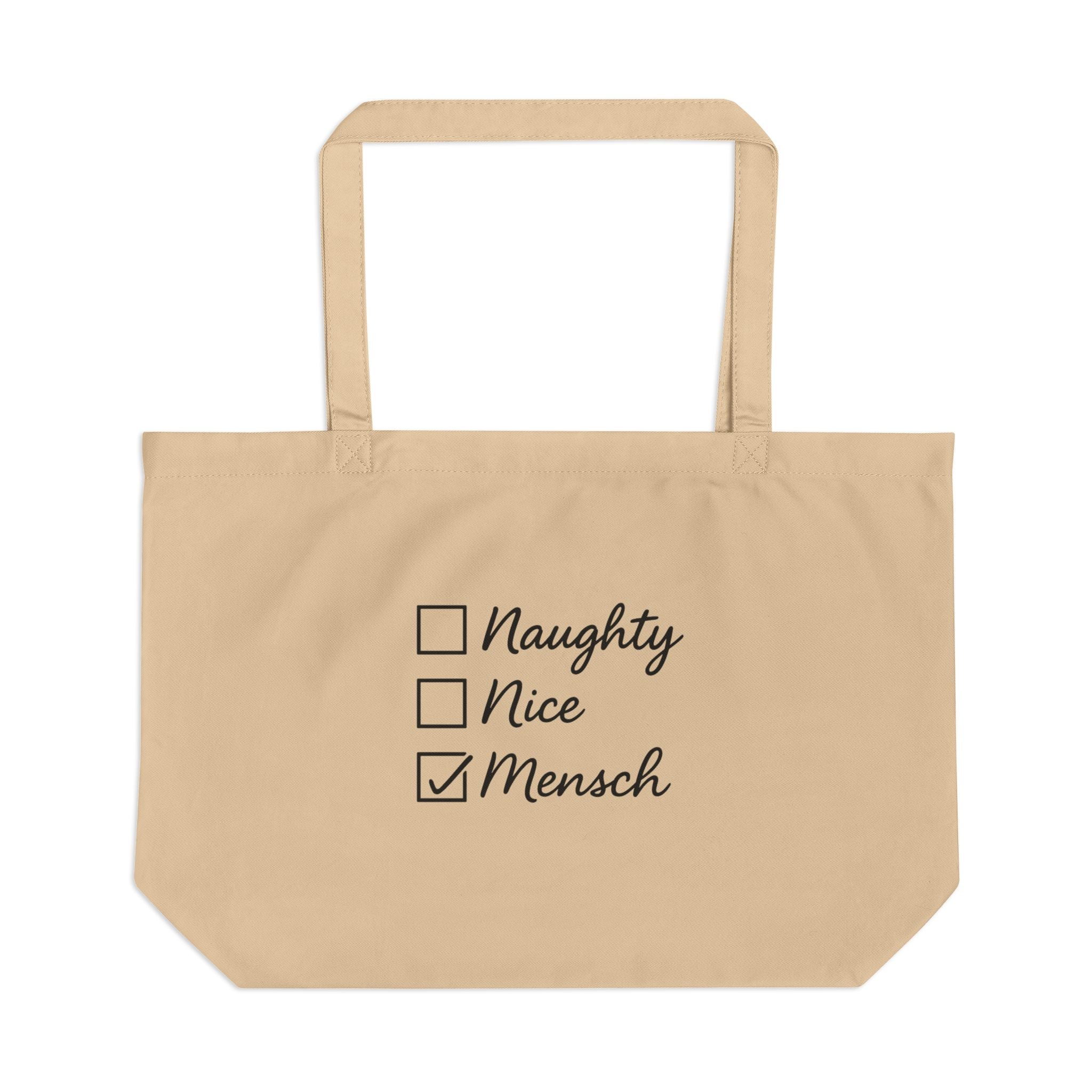 Large Eco Tote, Naughty Nice Mensch Christian Jewish Coexist Holiday Gift Christmas Hanukkah Idea, Reusable Bag, Chrismukkah