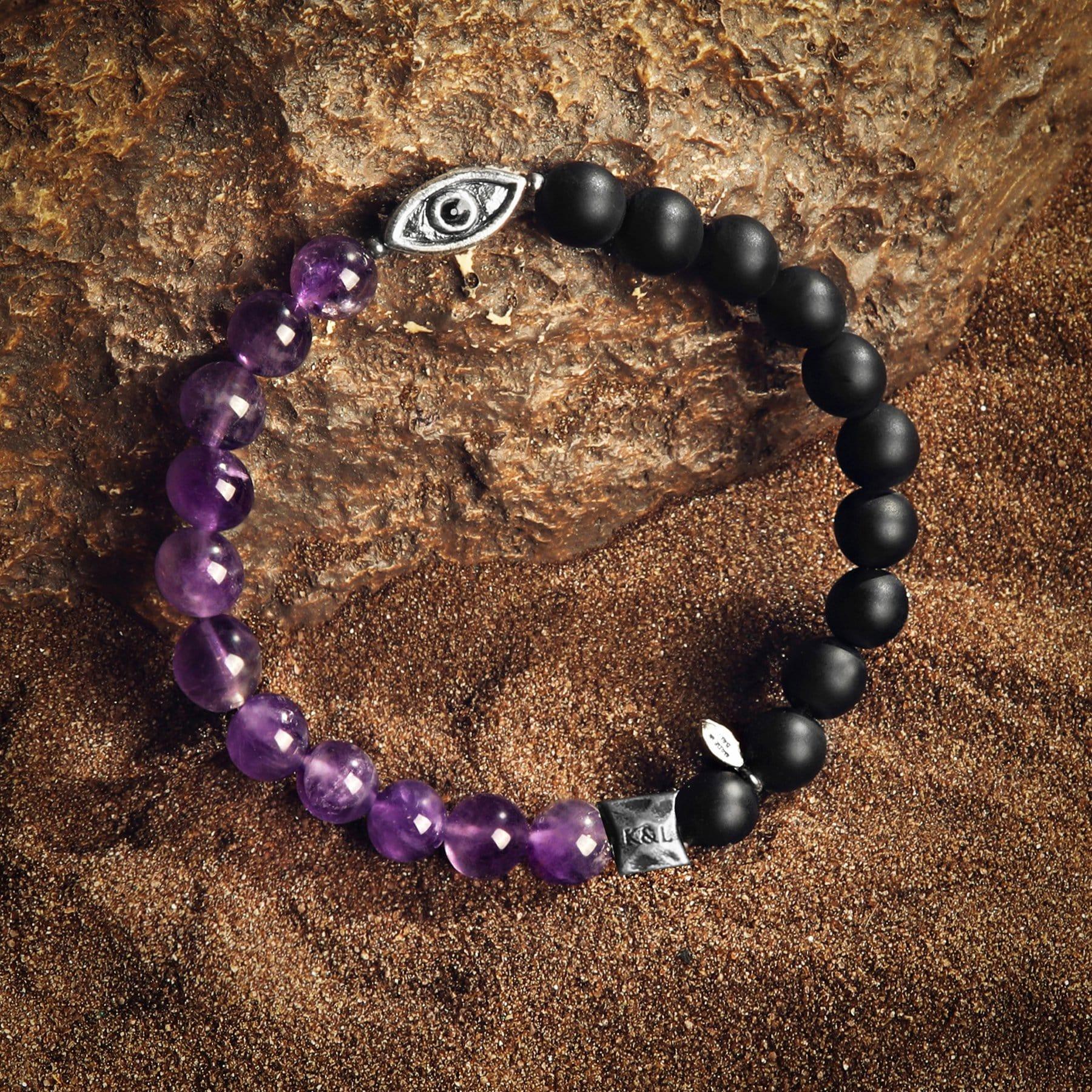 Soothing Protection - Amethyst Matte Onyx Evil Eye Charm Bracelet