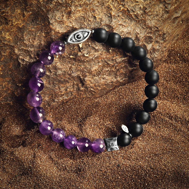 Soothing Protection - Amethyst Matte Onyx Evil Eye Charm Bracelet