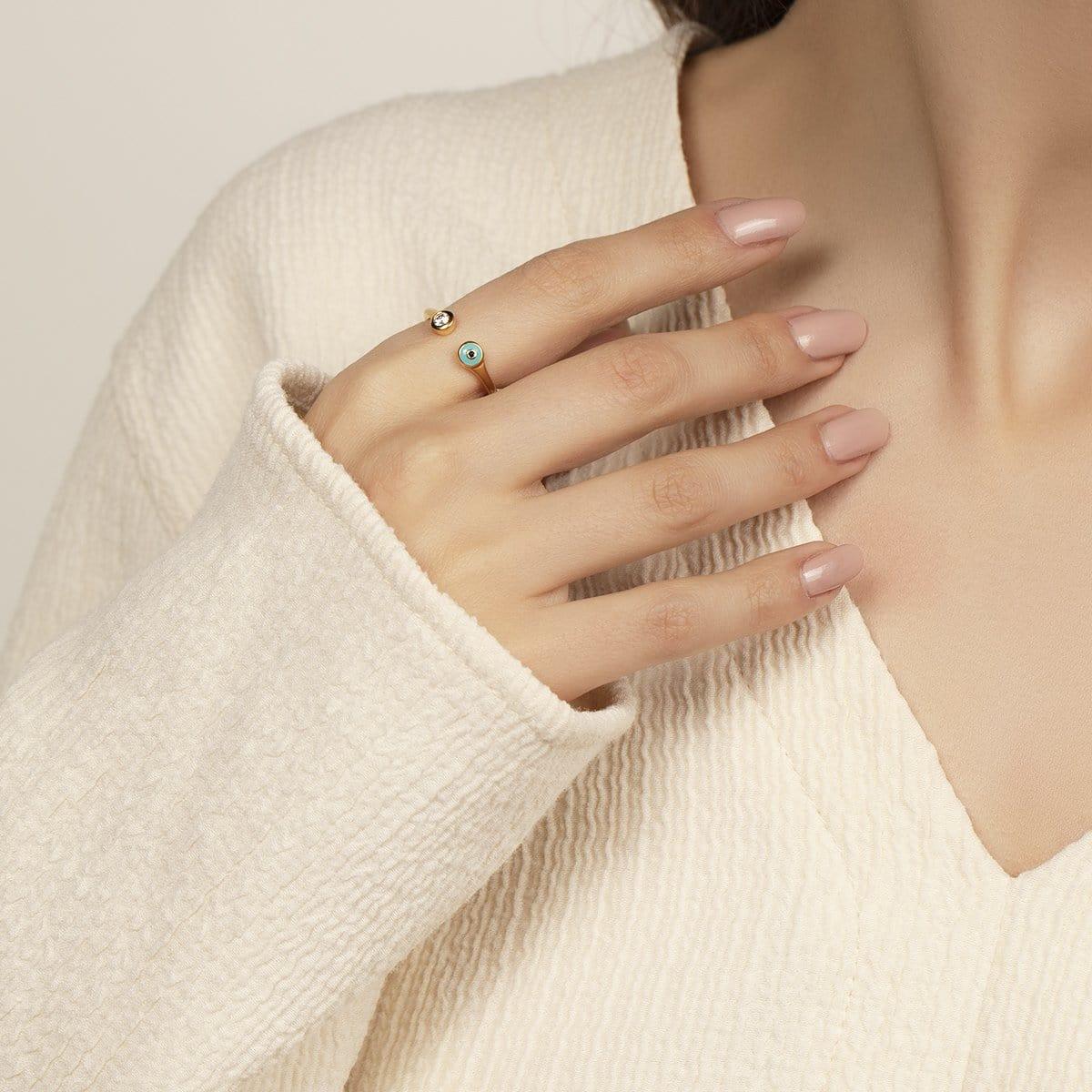 Defensive Shield - Gold Turquoise Enamel Evil Eye Ring