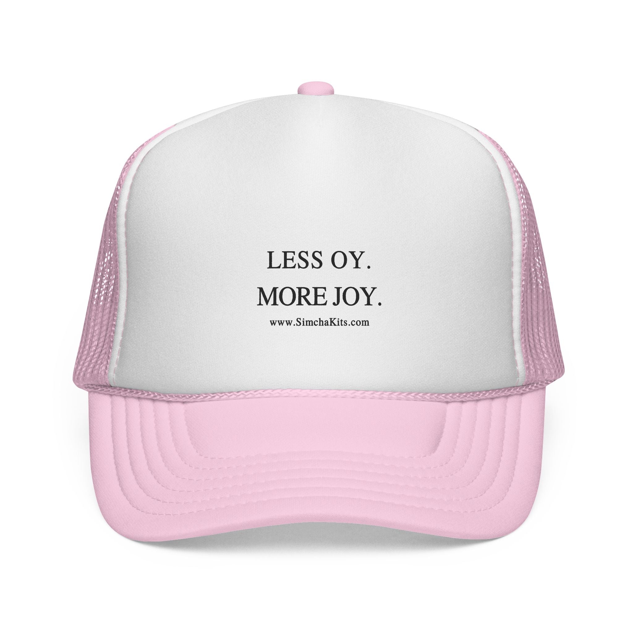 Less Oy More Joy trucker cap | minimalist text hat, Jewish humor