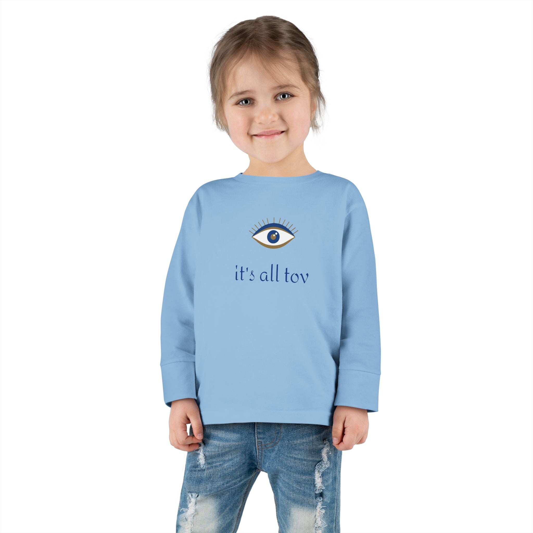 Positive Energy Toddler Long Sleeve Tee with Evil Eye Design, Good Vibes Shirt for Kids, Jewish Christian Clothing, Religious Toddler Top