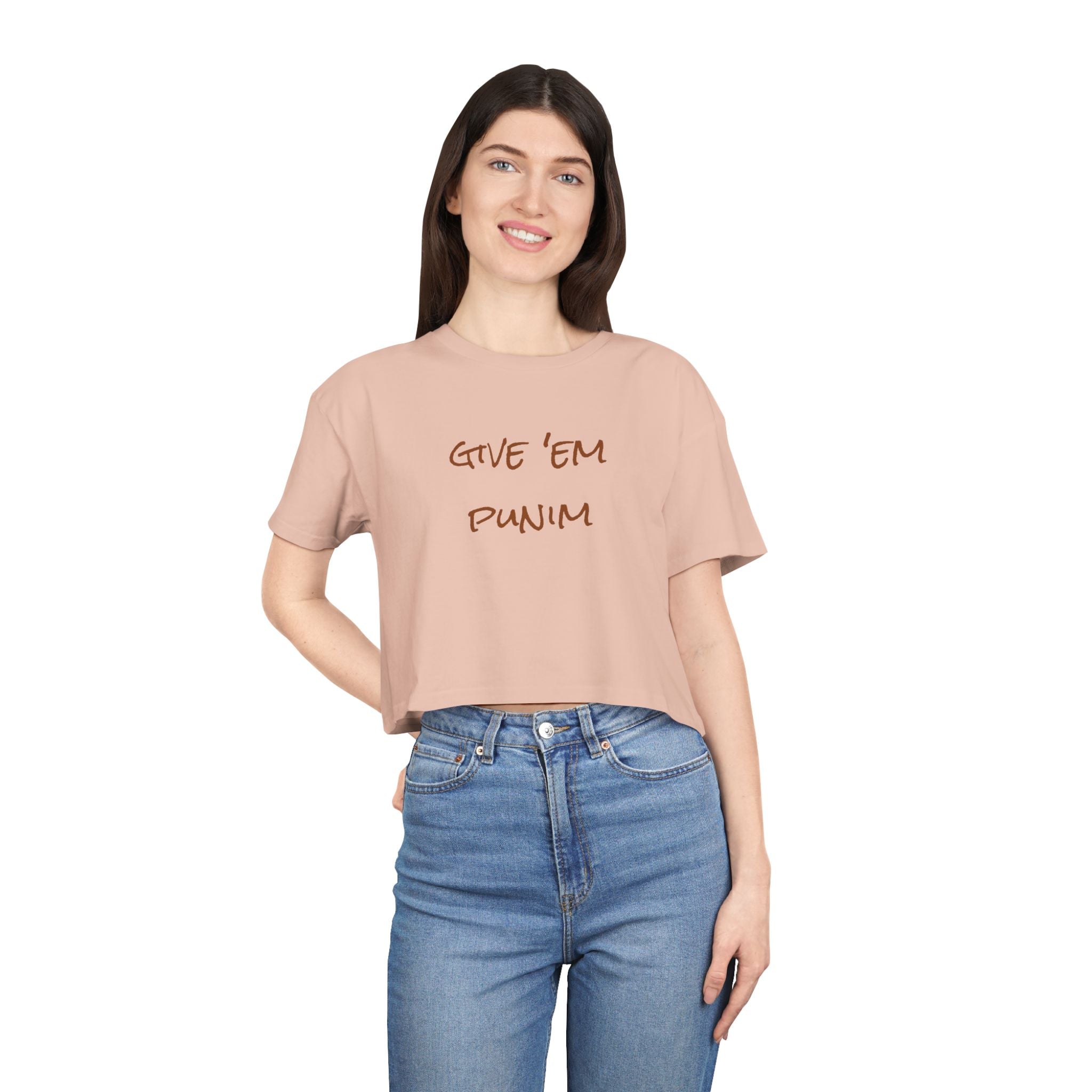 Women's Crop Tee with 'Give 'Em Punim' Design, Trendy Summer Top, Casual Outfit for Her, Perfect Gift for Friends, Celebratory Wear