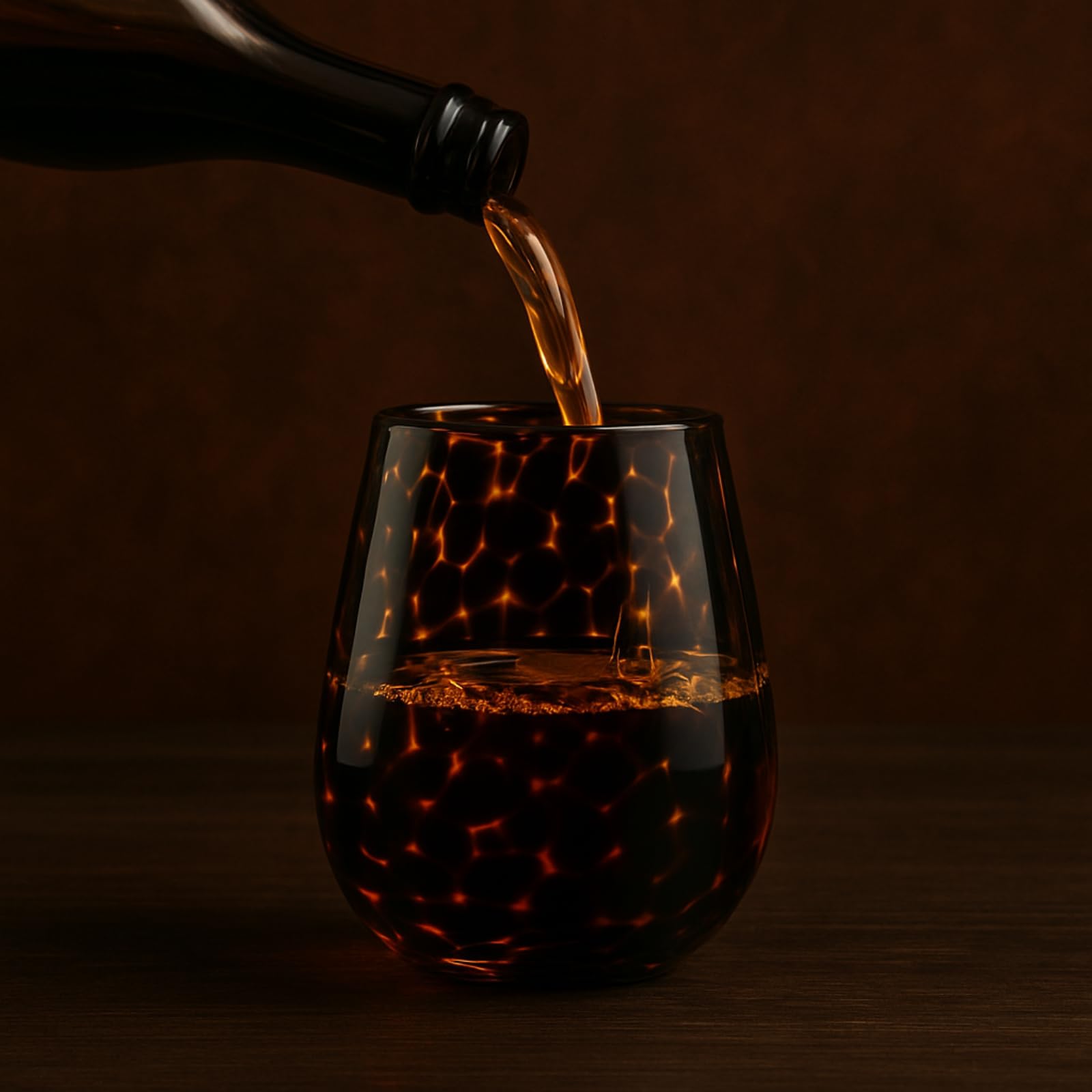 Tortoise Shell Print Amber Colored Stemless Wine Glass |  Set of 2