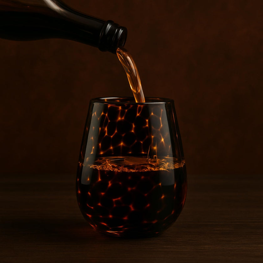 Tortoise Shell Print Amber Colored Stemless Wine Glass |  Set of 2