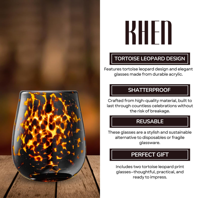 Tortoise Shell Print Amber Colored Stemless Wine Glass |  Set of 2