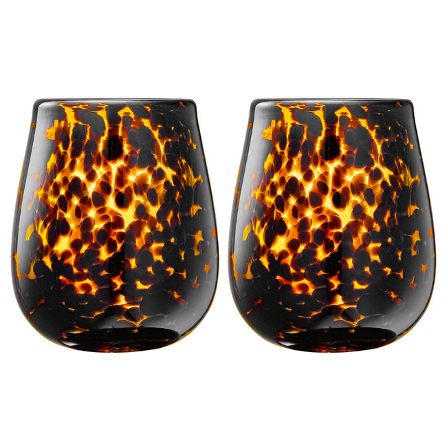 Tortoise Shell Print Amber Colored Stemless Wine Glass |  Set of 2