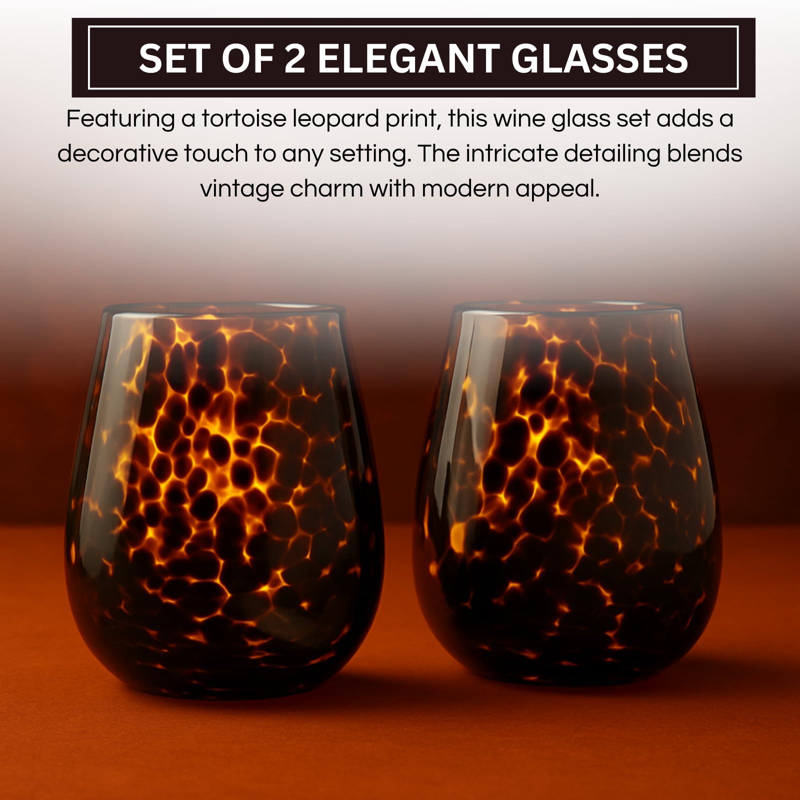 Tortoise Shell Print Amber Colored Stemless Wine Glass |  Set of 2