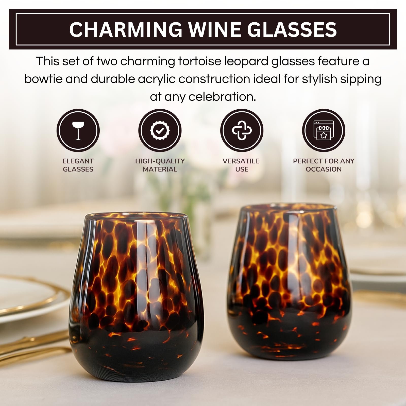 Tortoise Shell Print Amber Colored Stemless Wine Glass |  Set of 2