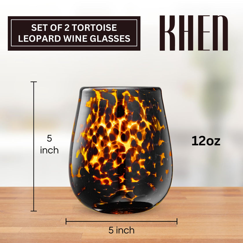Tortoise Shell Print Amber Colored Stemless Wine Glass |  Set of 2