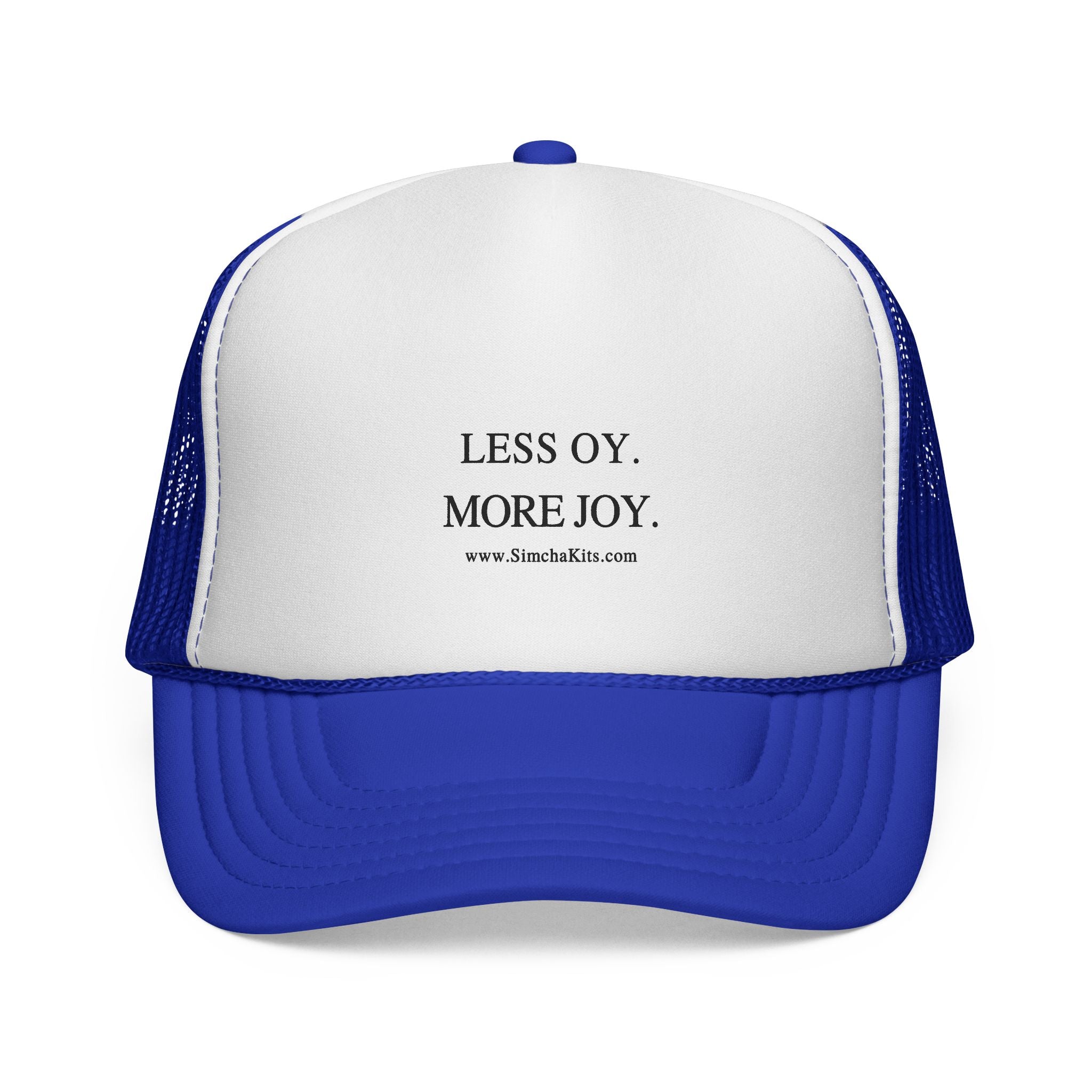 Less Oy More Joy trucker cap | minimalist text hat, Jewish humor