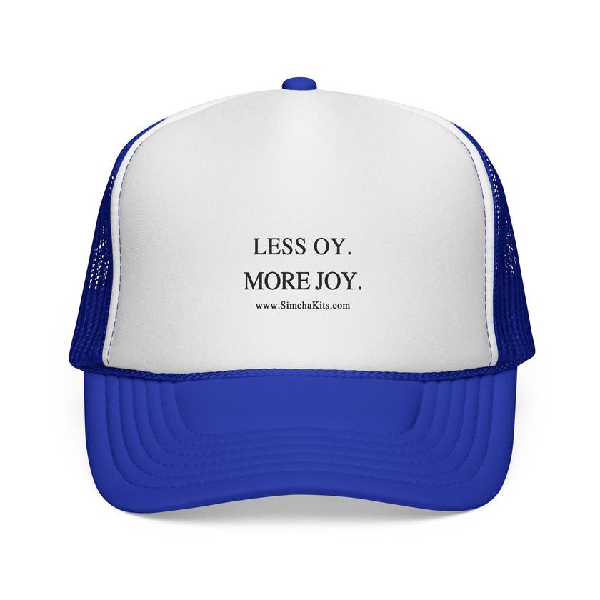 Less Oy More Joy trucker cap | minimalist text hat, Jewish humor