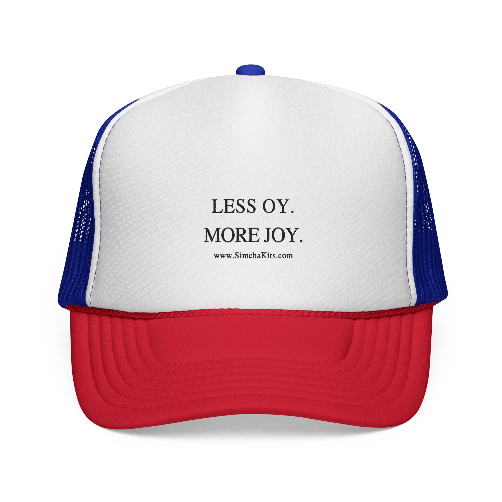 Less Oy More Joy trucker cap | minimalist text hat, Jewish humor