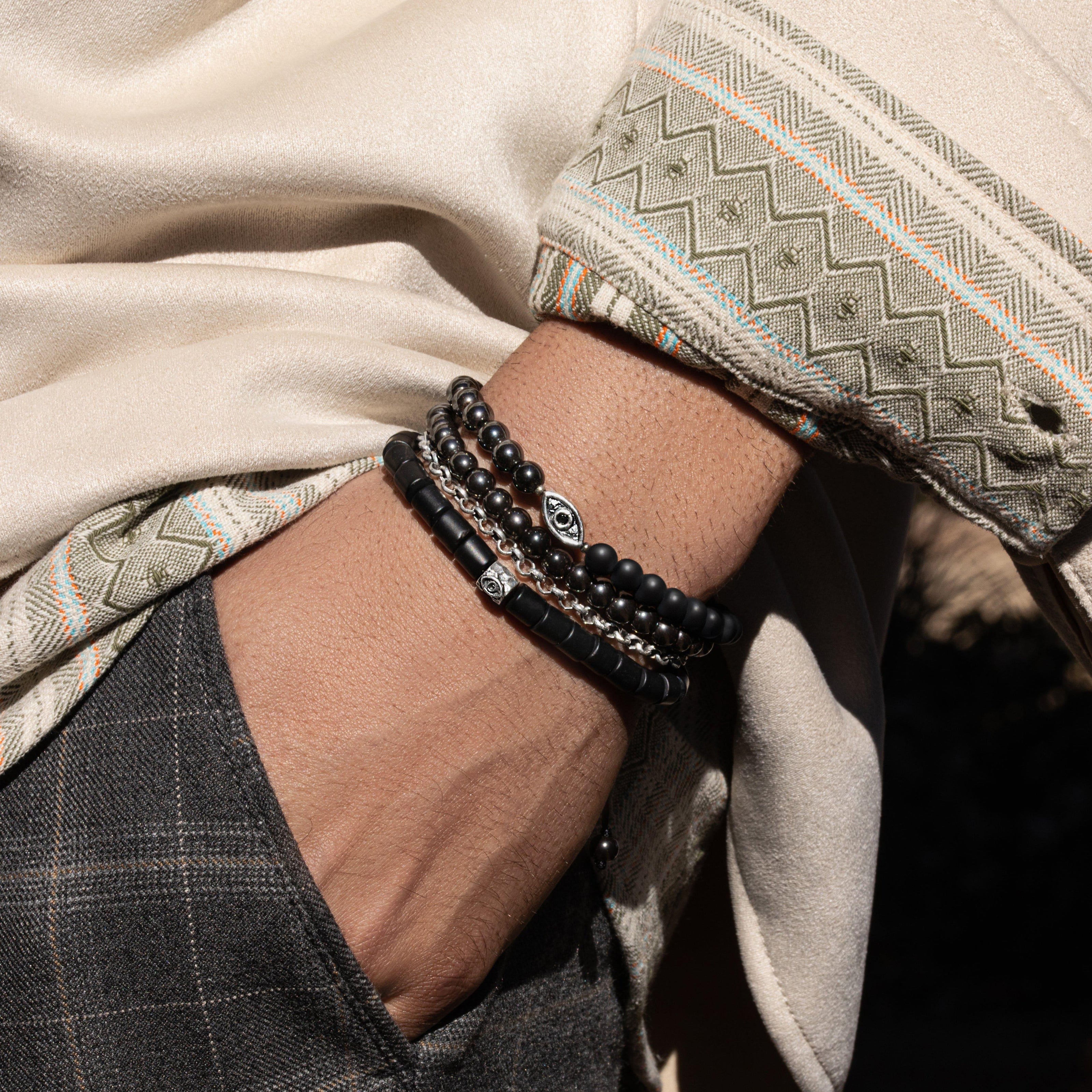 Stay Grounded -  Hematite Matte Onyx Evil Eye Charm Bracelet