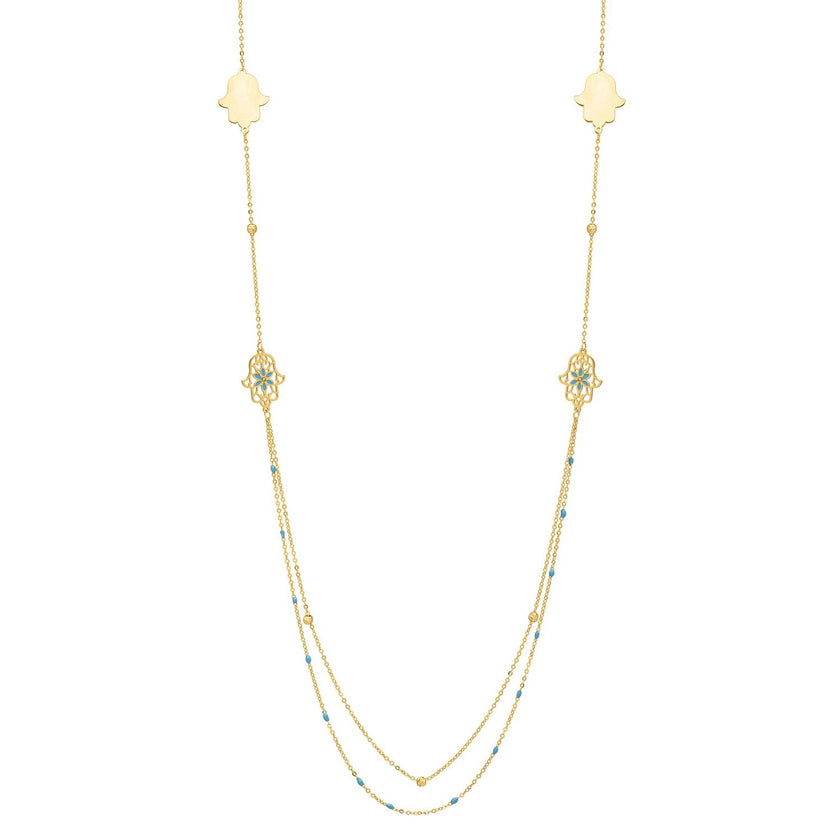 Long Hamsa Necklace in 14K Yellow Gold
