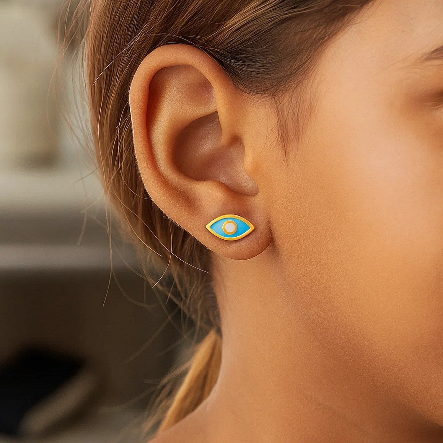 14K Yellow Gold Blue Evil Eye Earrings with Enamel