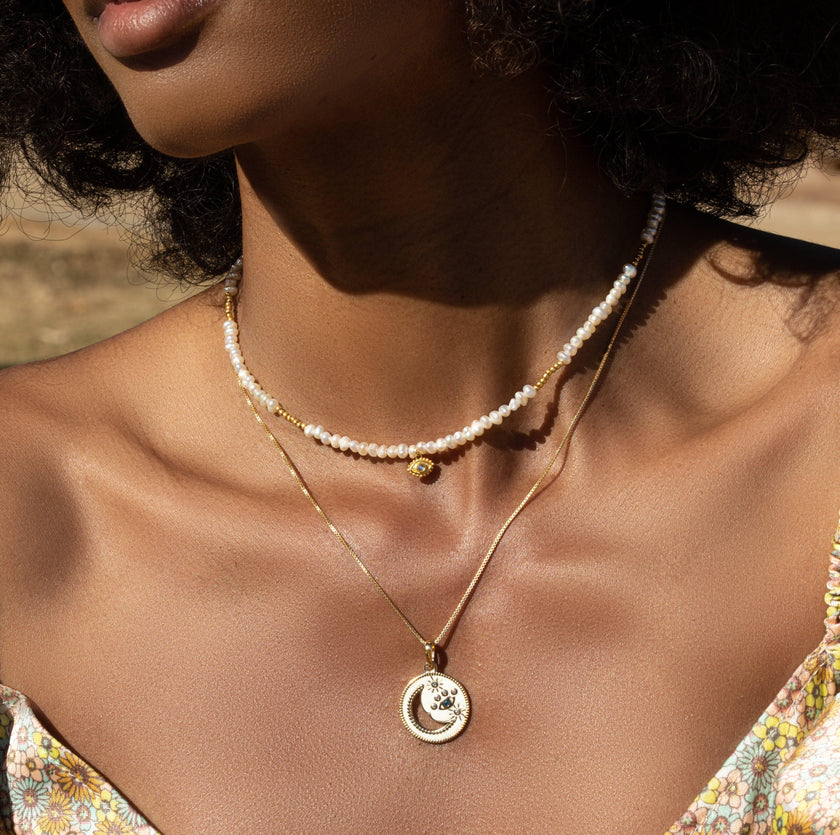 Celestial Impression - White Enamel Moon & Stars Necklace