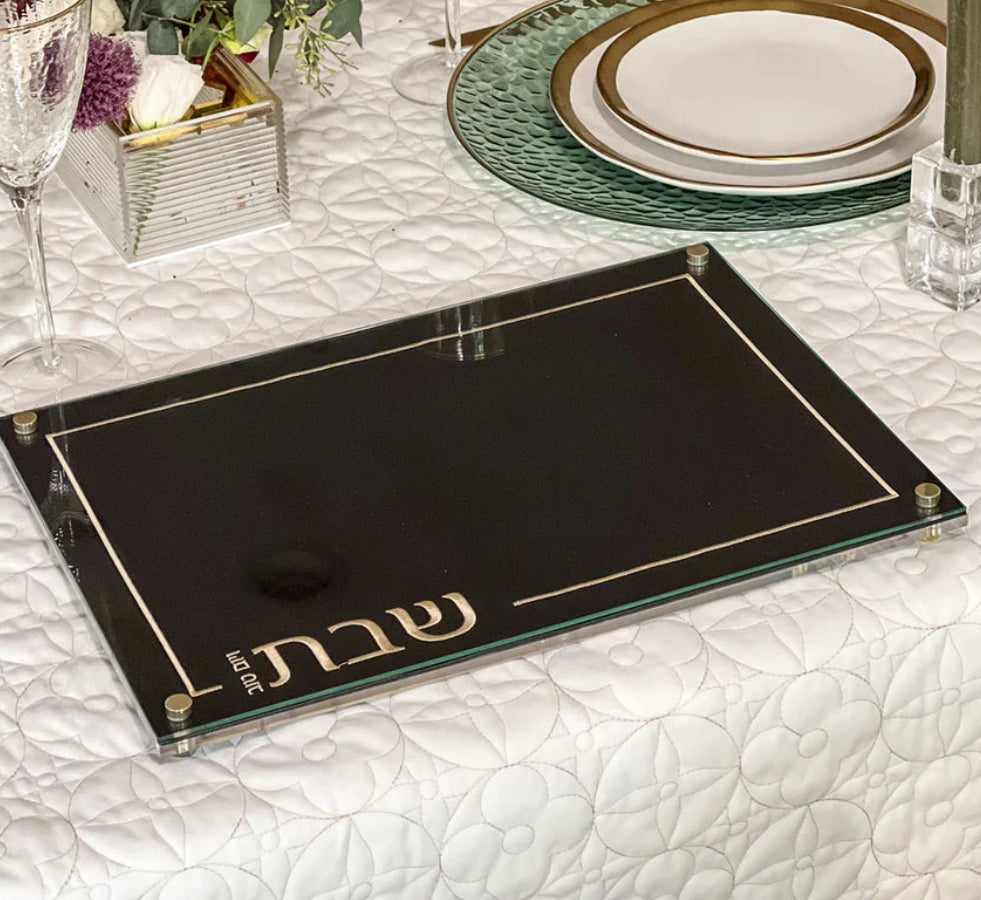 Embroidered Black Leatherette Lucite and Glass Top Challah Board - silver