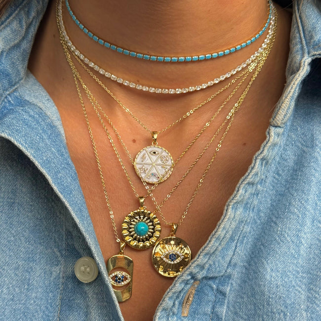 Colored Pave Evil Eye Cutout Dog Tag Necklace