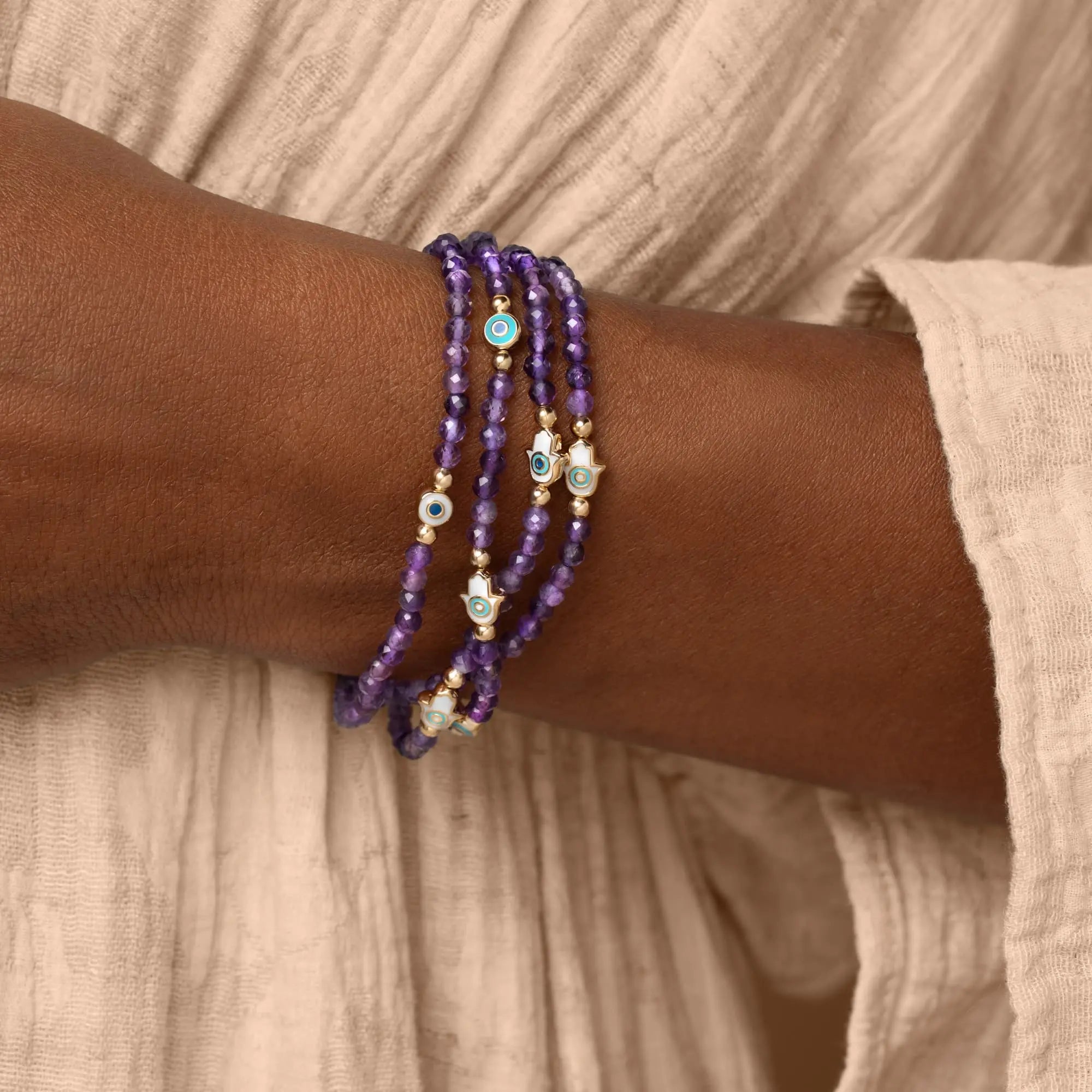 Inner Wisdom - Amethyst Hamsa Evil Eye Charm Bracelet