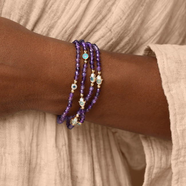 Inner Wisdom - Amethyst Hamsa Evil Eye Charm Bracelet