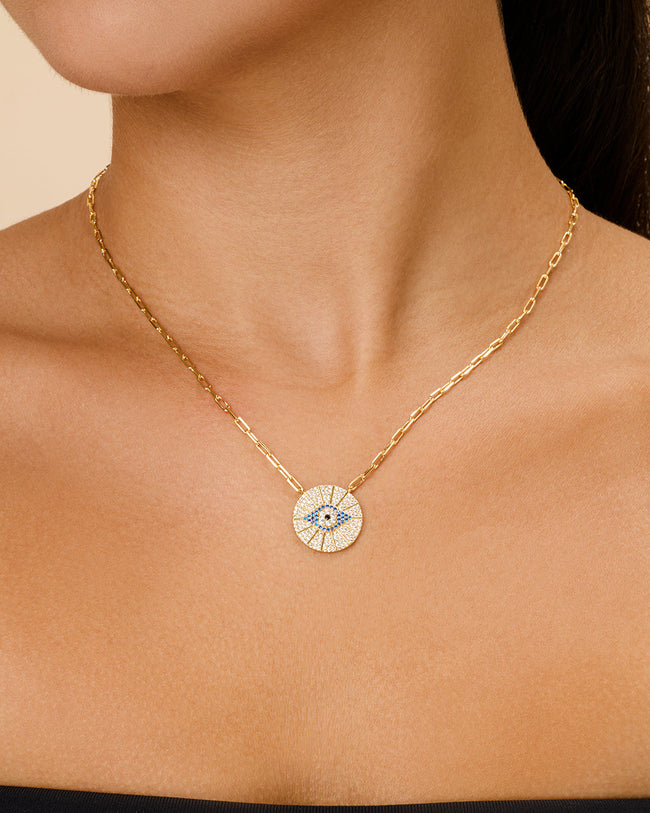 CZ Evil Eye Disk Pendant Necklace