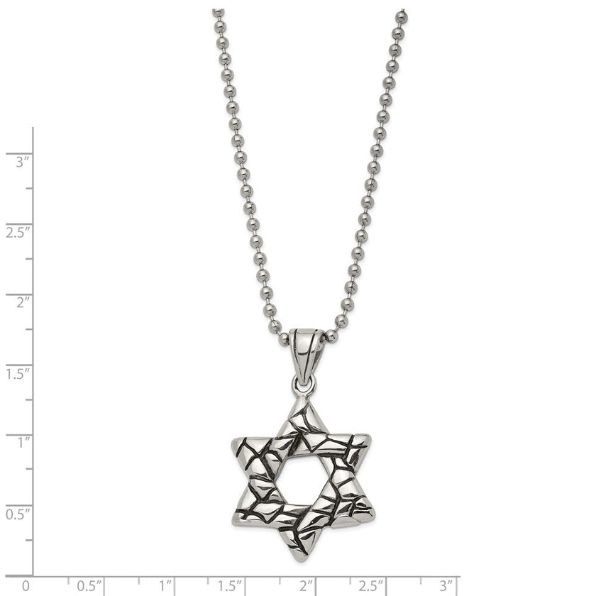 Men's Stainless Steel Antiqued 3D Star of David Necklace, 24 Inch