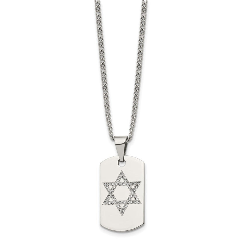 Stainless Steel & CZ Small Star of David Dog Tag Necklace, 22 Inch