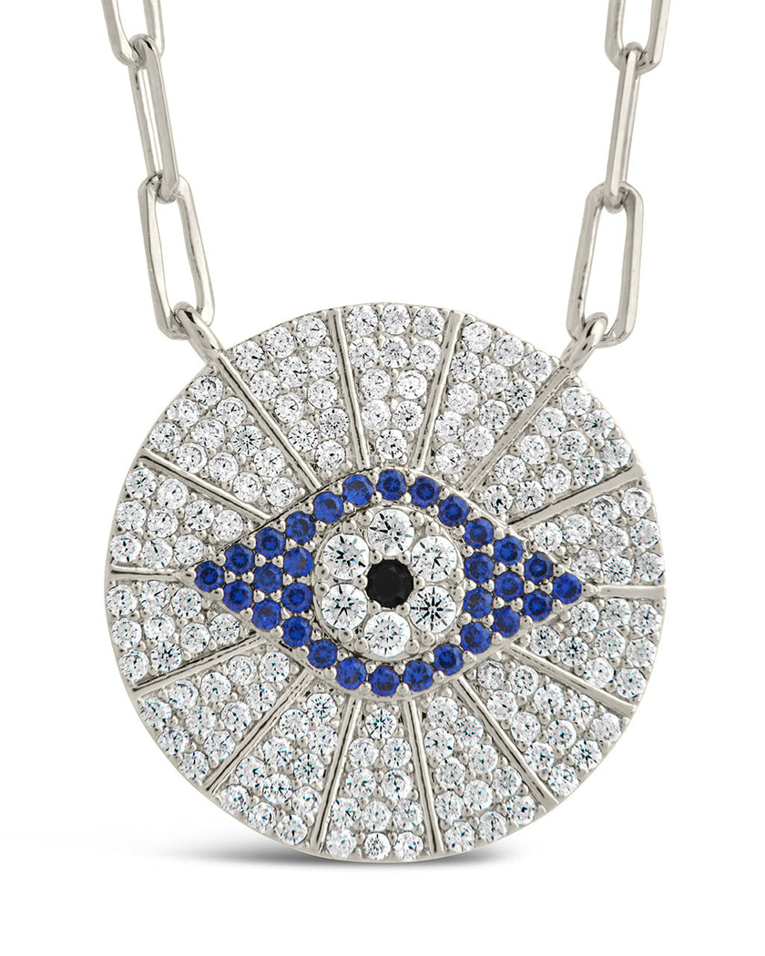 CZ Evil Eye Disk Pendant Necklace