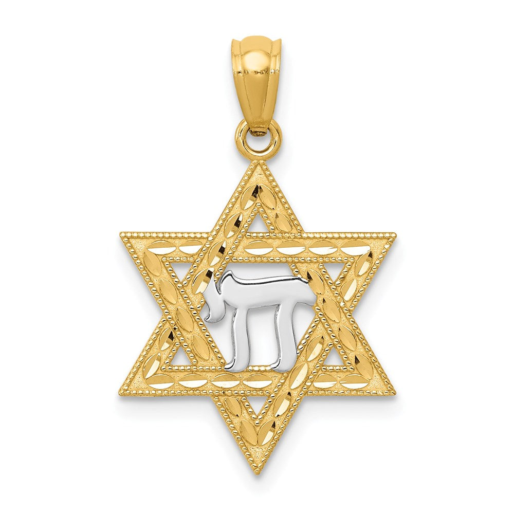 14k Yellow Gold & Rhodium D/C Star of David & Chai Pendant, 16mm