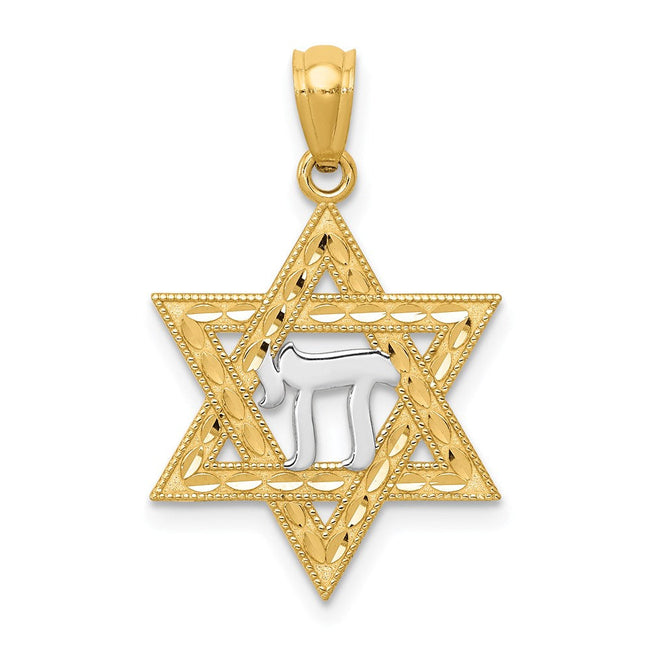 14k Yellow Gold & Rhodium D/C Star of David & Chai Pendant, 16mm