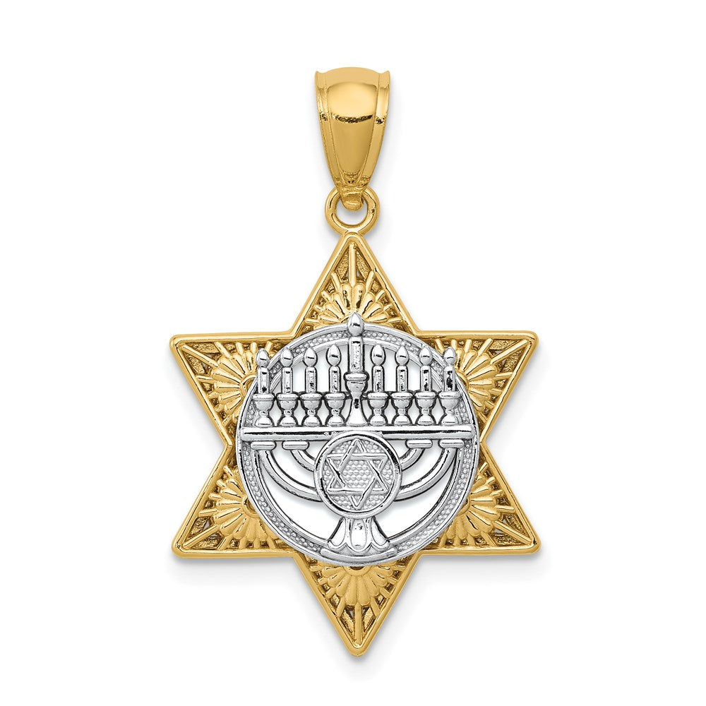 14k Two Tone Gold 3D Star of David & Menorah Pendant, 17 x 27mm