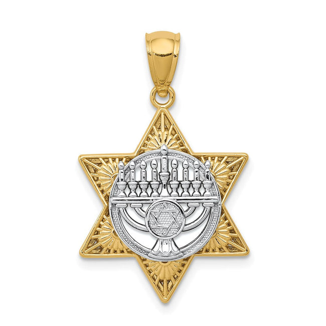 14k Two Tone Gold 3D Star of David & Menorah Pendant, 17 x 27mm