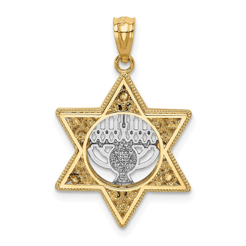 14k Two Tone Gold 3D Star of David & Menorah Pendant, 17 x 27mm