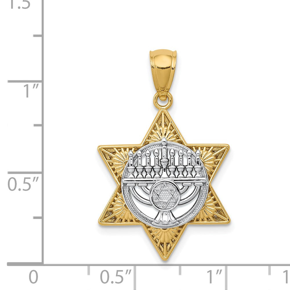 14k Two Tone Gold 3D Star of David & Menorah Pendant, 17 x 27mm