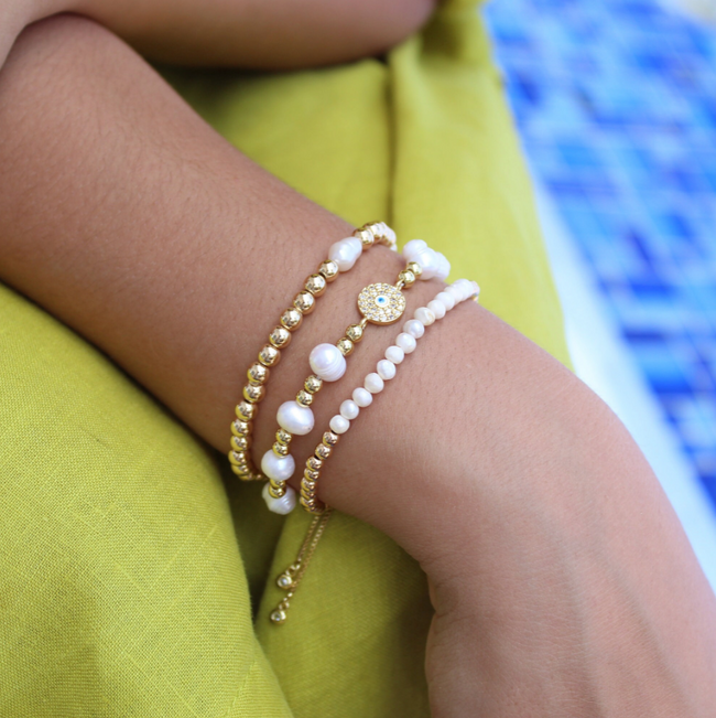 Evil Eye Pearl Beaded Bracelet Set Adjustable Evil Eye Bracelet