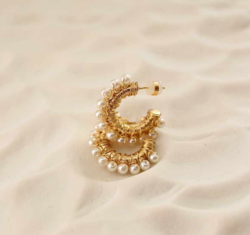 Pearl Wire Wrapped Gold Hoop Earrings & Pearl Ear Cuffs