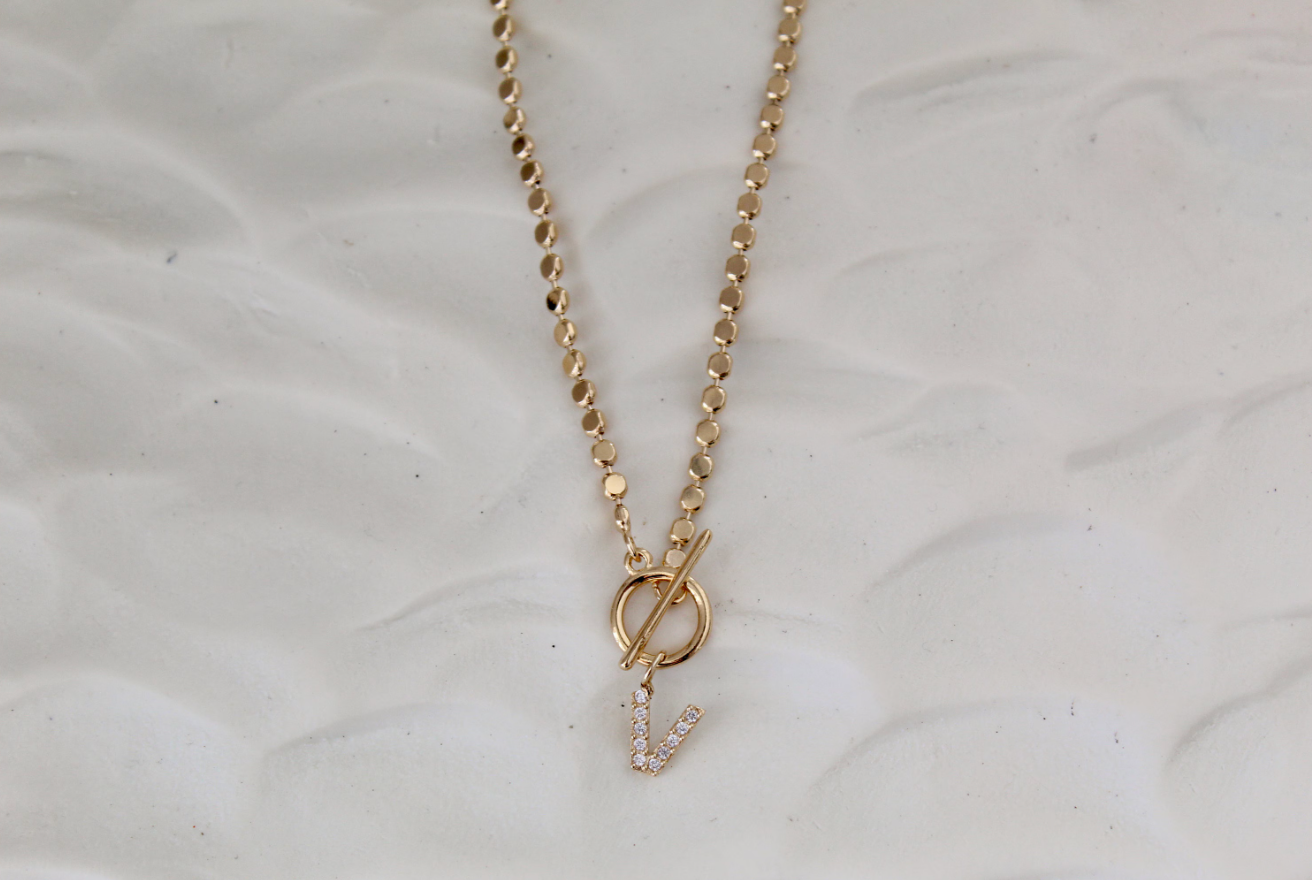 Pave Initial Pendant 3mm Disc Toggle Bar Necklace