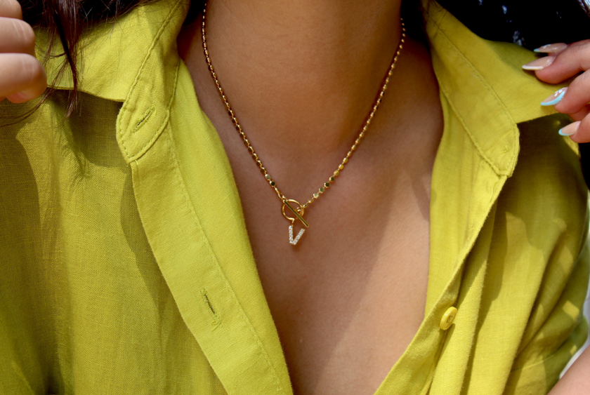 Pave Initial Pendant 3mm Disc Toggle Bar Necklace