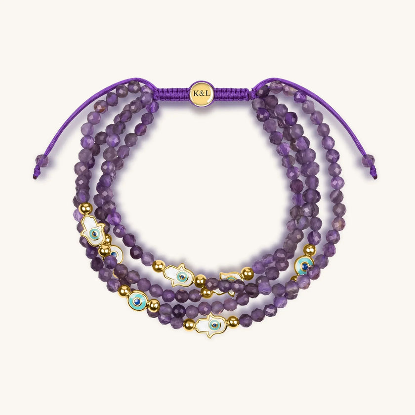 Inner Wisdom - Amethyst Hamsa Evil Eye Charm Bracelet