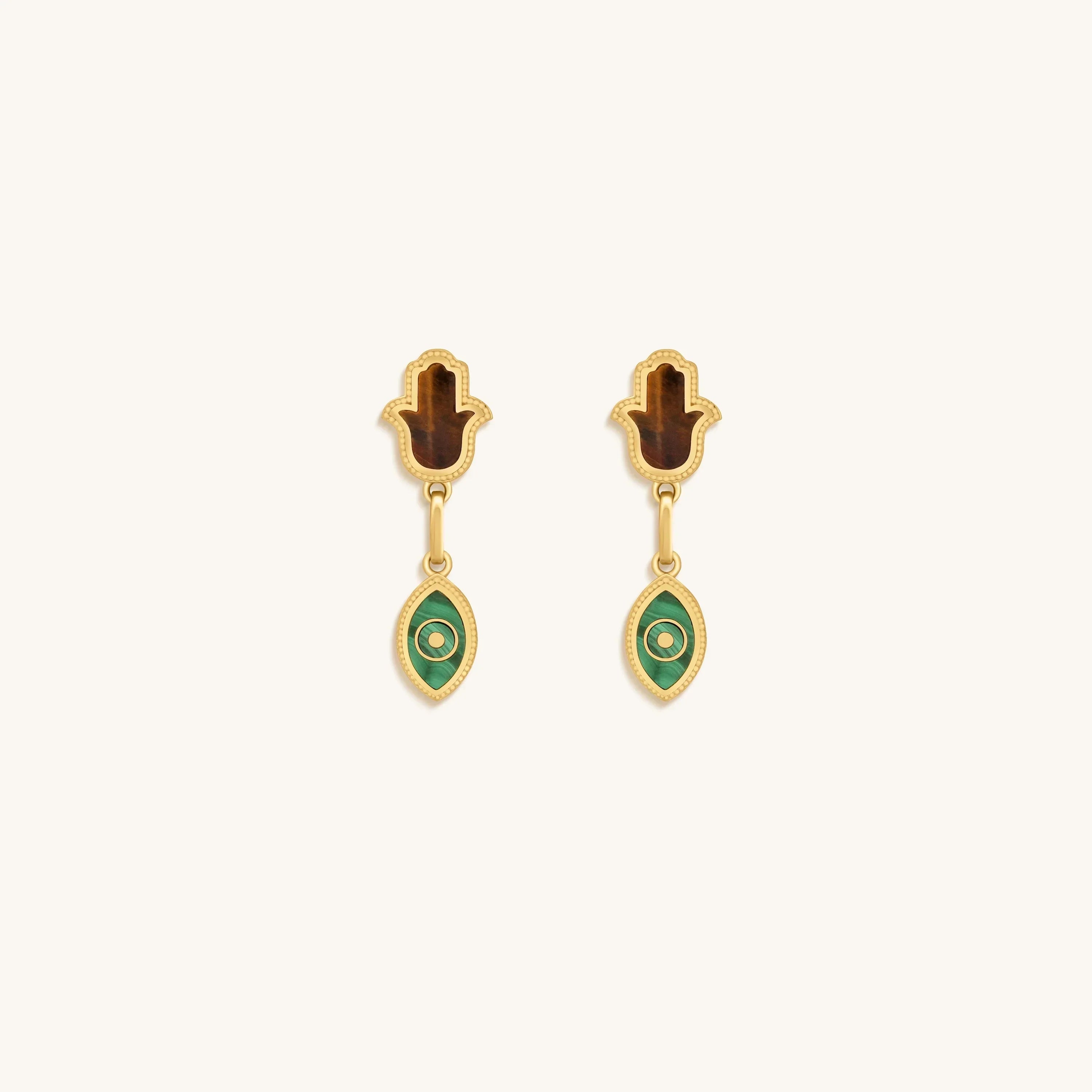 Dreams Secured Tiger’s Eye & Malachite Hamsa & Evil Eye Earrings